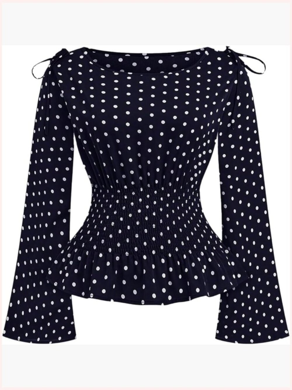 Plus Size Polka Dot Ruffle Peplum Blouse Bow Boat Neck Long Sleeve Top